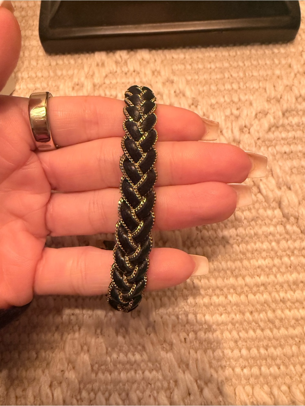 YSL Braided Black Leather and Gold Bracelet